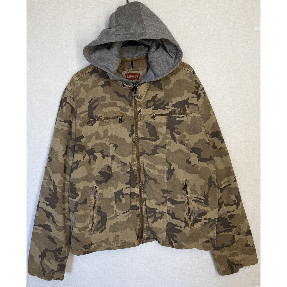 Y2K Levi’s Quilted Hooded Utility Camo Gray Hooded Canvas Military Work Jacket
